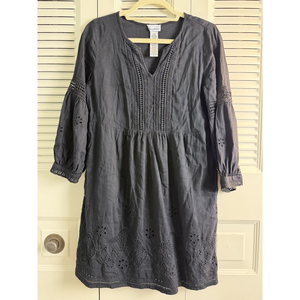 Tommy Bahama Black Boho Dress Linen Cotton XS Oversize Crochet Granola Boho